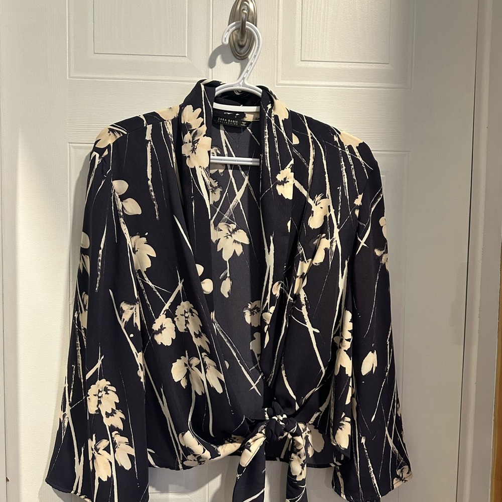 Zara Cream and Blue Wrap Blouse with Notched Collar